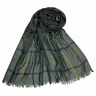 Designer Cotton Golden Striped Stole- Dark Grey